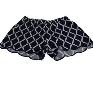 Mine Navy Blue White Geometric Print Shorts Women Size M  Scalloped Hem Pull-on